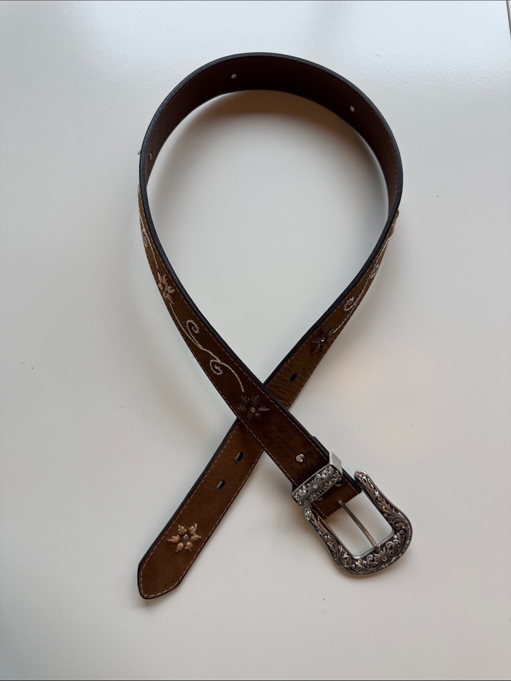 Nocona Brown Leather Floral Western Belt with Engraved Silver Buckle - Medium - Picture 2 of 9